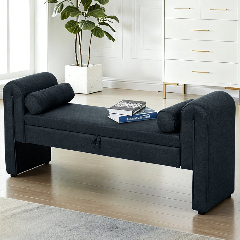 Banc moderne bleu foncé de 60 pouces avec rangement, sièges spacieux pour deux, banc de rangement parfait pour les activités et les chambres, plusieurs personnes confort, couloirs