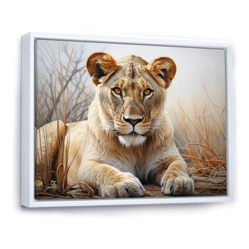 Lionne d'Afrique, puissance I - art mural africain pour le salon, H 16 po x l 32 po x P 1 po, Cadre flottant blanc