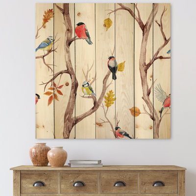 Arbres d'automne et petits oiseaux - Impression traditionnelle sur bois de pin naturel