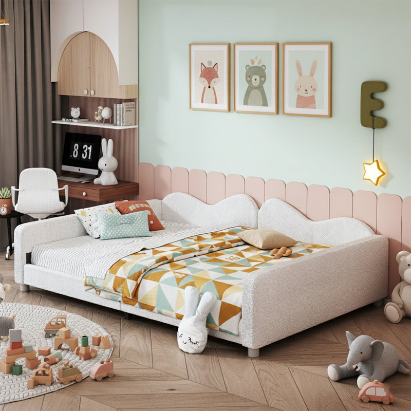  Lit de jour de 81 po de largeur avec dossier en forme de nuage, tissu sherpa blanc, Lit double, Blanc