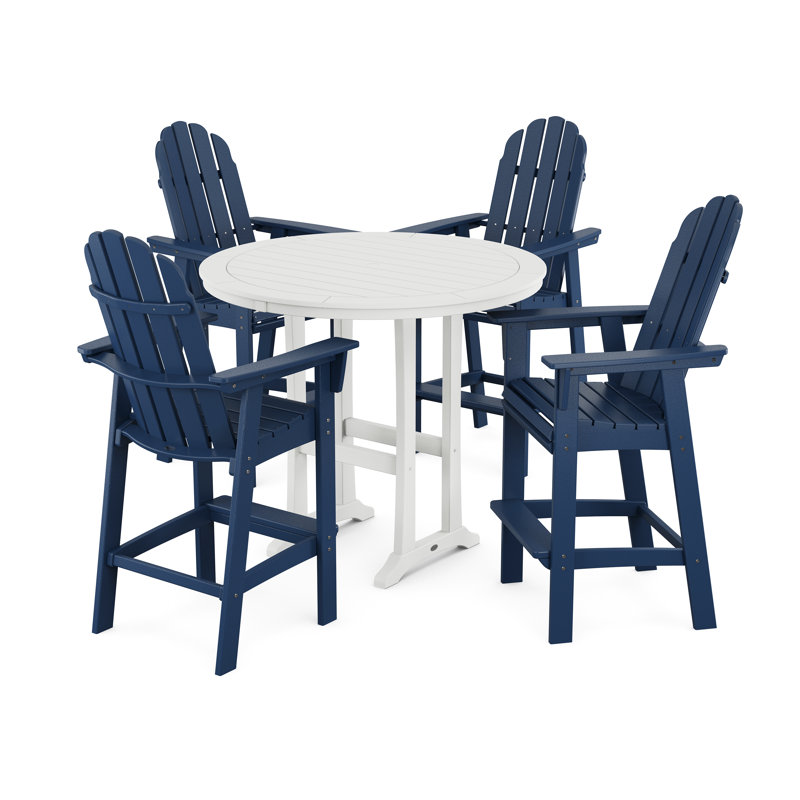 POLYWOOD Vineyard Curveback Adirondack 5-Piece Nautical Trestle Bar Set, Navy/White