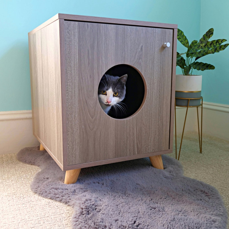 Small Gray Oak Wood Cat Litter Box Enclosure Nightstand