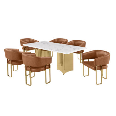 Ensemble de salle à manger en marbre blanc Grand avec chaises d'appoint Leathaire
