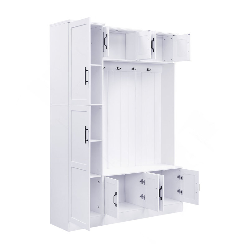 Hall Tree 59.03" Wide With Bench And Storage, White