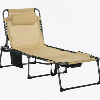 Outsunny Folding Chaise Lounge With 5-Level Reclining Back, Outdoor Tanning Chair With Reading Face Hole And Side Pocket, Beige