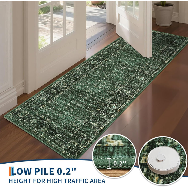 Floral Kitchen Rug – Washable, Non-Slip, Low Pile, Distressed Print Runner for Hallway, Bathroom, Laundry , Rectangle 5' x 7'