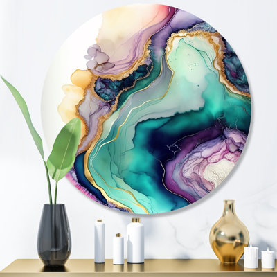Green Purple Abstract Geode - Abstract Marble Round Wall Art on Metal
