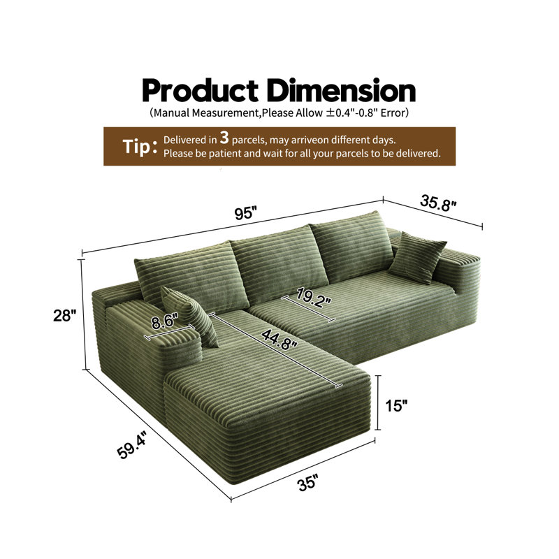 95" Sectional Couches for Living Room Cloud Couch Sofa with L-Shape Upholstered Boneless Couchs Modern Modular Sectional Couch with Chaise (Green, 95" W+2-Seater+Left chaise)
