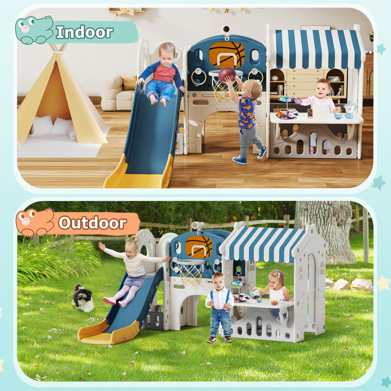 Ensemble de jeu de glissade 10 en 1 pour enfants de 1 à 3 ans avec maisonnette pour enfant, Bleu