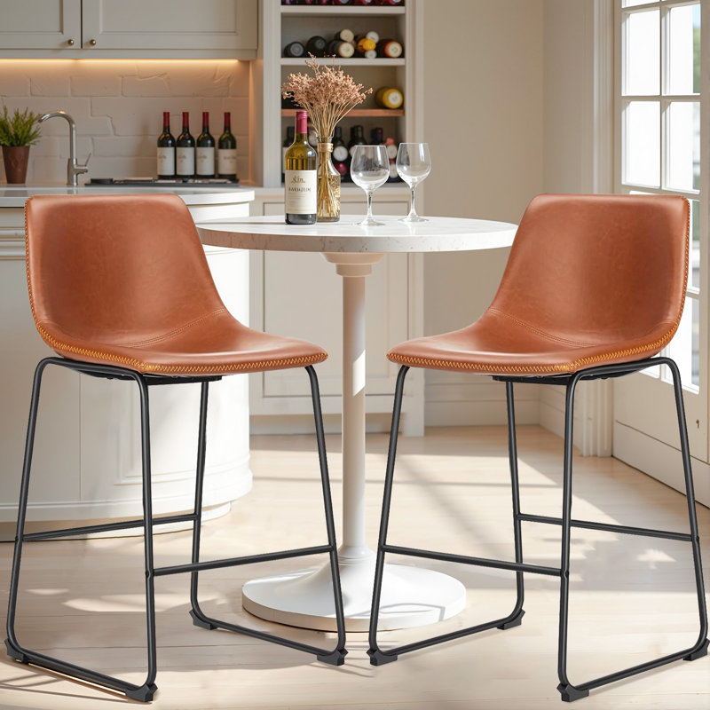 Counter Height Barstools With Leather Back, Matel Bar High Table Stool Chairs For Kitchen, Set Of 2 26 Inch, Black