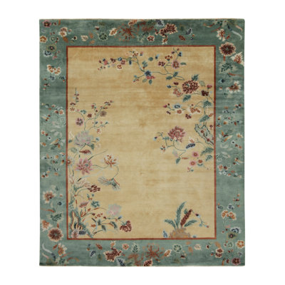 Rug & Kilim’S Chinese Art Deco Rug In Gold With Multicolor Floral Patterns