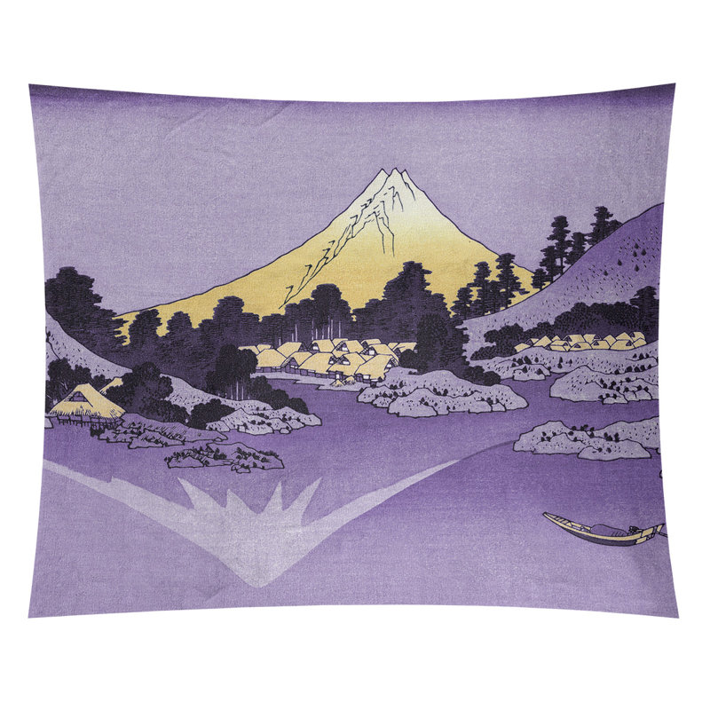 Tapisserie murale de Mont Fuji reflété dans le lac Kawaguchi, H 107,5 po x l 91 po, Bleu / vert clair