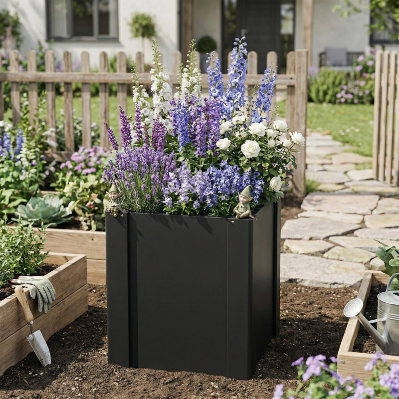 Raised Garden Bed, Galvanized Planter Box Outdoor with Gloves for Gardening Vegetables, Flower, Herb, 1.4 x 1.4 x 1.5 ft, Black