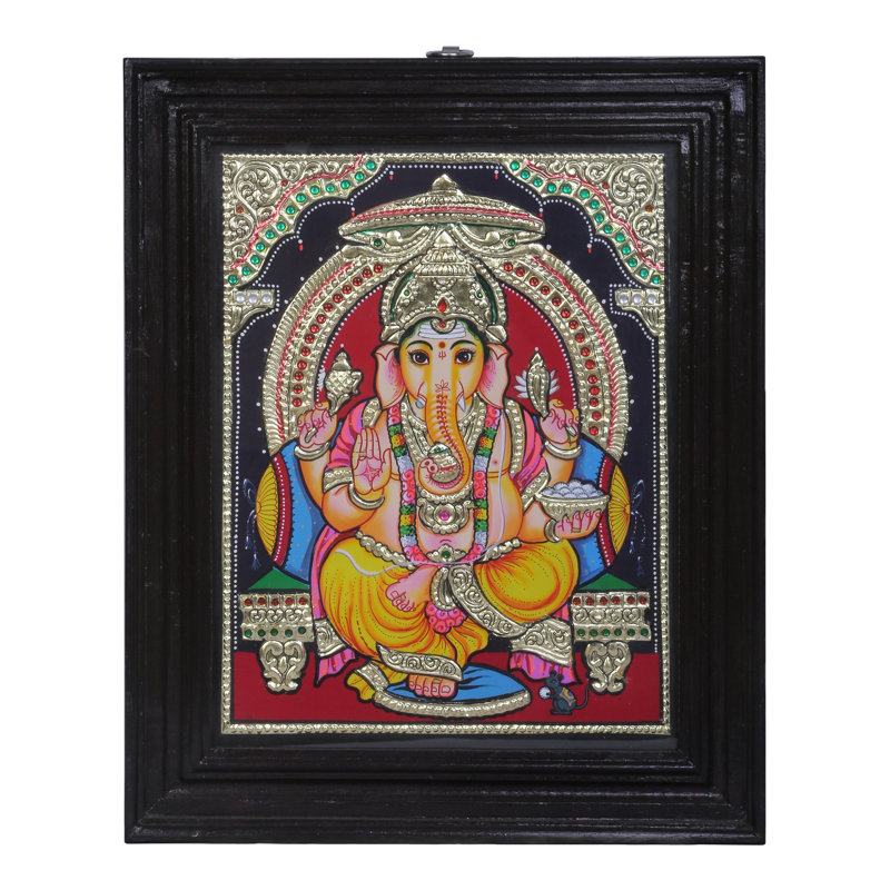 Lord Ganesha assis sur un trône | Tanjore avec structure en bois de teck | Couleurs traditionnelles avec or 24 carats
