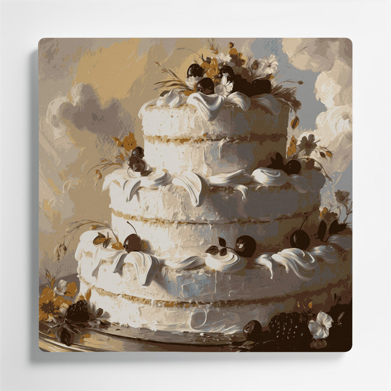 Desserts, ange et gâteau, art mural en métal beige, H 16 po x l 16 po
