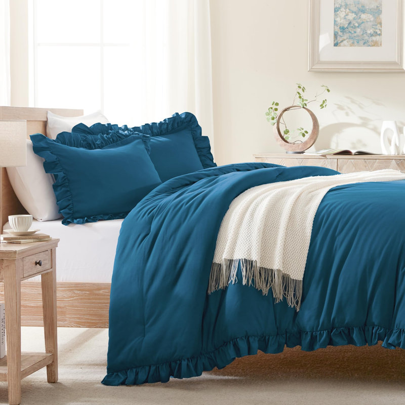 Andency Teal Ruffle Comforter Oversized Queen(98x98Inch), 3 Pieces(1 Ruffled Comforter and 2 Pillowcases) Solid Farmhouse Bed, Vintage Rustic Soft Microfiber Bedding Set