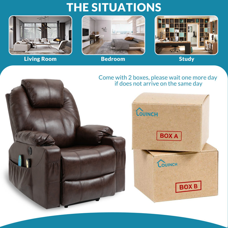 Fauteuil inclinable ergonomique 34 po en similicuir, Brun