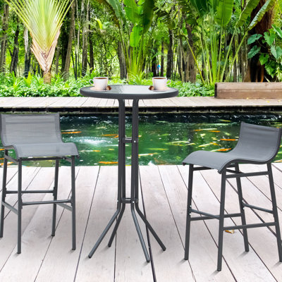 2 Bar Height Outdoor Bistro , Charcoal Gray. Consisting Of Round Patio Pub Table And 2 Cozy Chairs. In All Weathers, Ideal For Balconies, Sunrooms, Poolside, Backyards, Gardens. With Tempered Glass