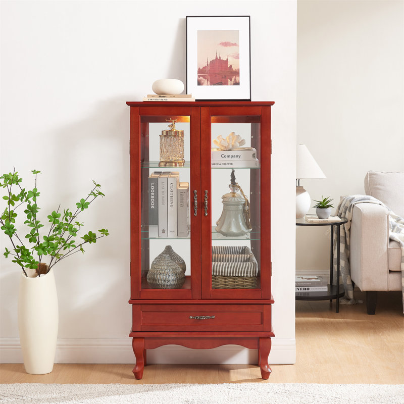 Lighted Glass Display Cabinet Glass Wine Cabinet Curio Display Cabinet With Adjustable Glass Shelves Two Doors And One Drawer Bulb Included For Home Decor And Storage-CHERRY