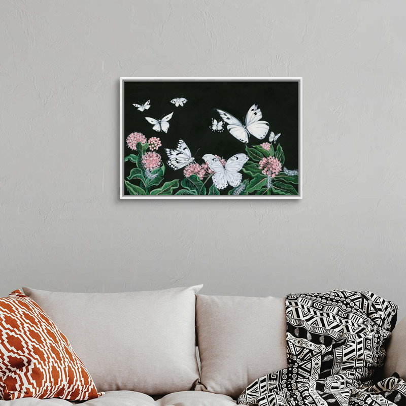 Papillons, reproduction d’art sur toile, Cadre blanc, H 22 po x l 32 po x P 1,75po