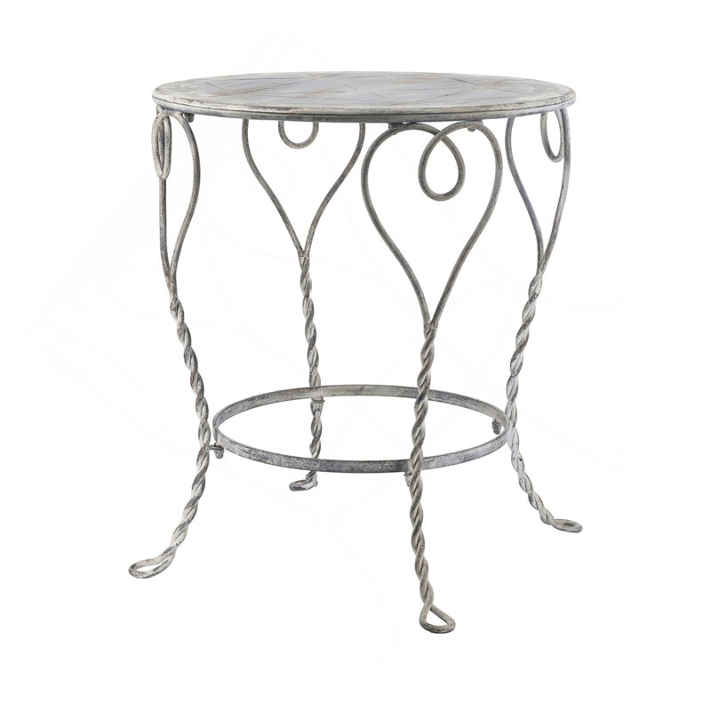 Table d'appoint ronde en fer 26 x 26 x 30 po, finition argentée patinée, table de bout décorative de style champêtre français avec pieds torsadés