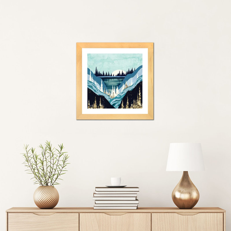 Blue Forest Lake - impression d'art graphique, Toile avec cadre en bois beige, Blanc, H 16 po x l 16 po x p 1 po