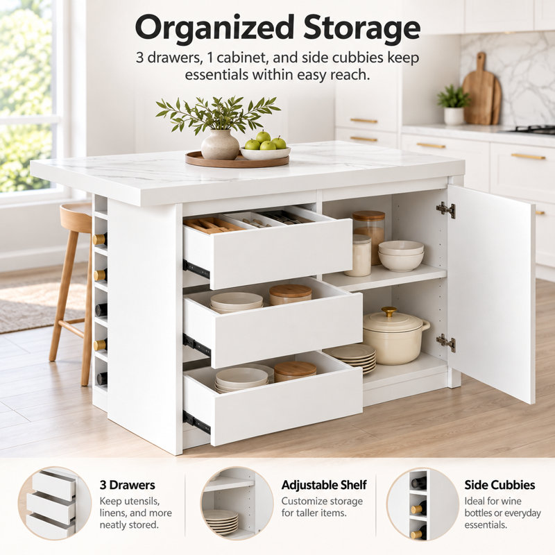 50" Modern Kitchen Islands With Storage, White