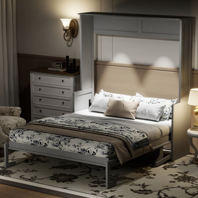Queen Size Gray Bed With Desk, Led Illumination, Charging, Space - Saving Wall For Study Room, Board Lights And Ports, Ideal Small Guest Rooms, Reboun
