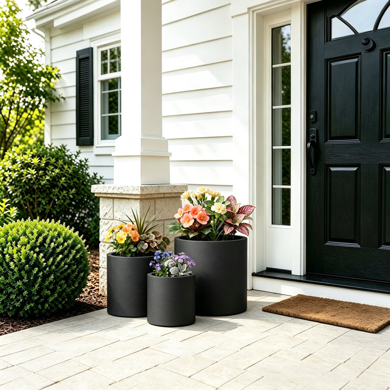 10 In., 13 In., 16 In. Charcoal Black(Enhanced Interior) Concrete Round Planter / Pot With Drainage Holes (Set Of 3)