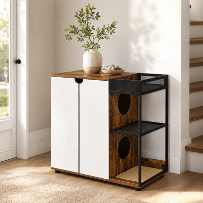 Armoire pour litière pour chat avec ventilation latérale et portes doubles, grande capacité pour deux bacs à litière, meubles pour animaux cachés avec tablette pour plantes, contrôle des odeurs et conception d'intimité pour le salon et la chambre à coucher.