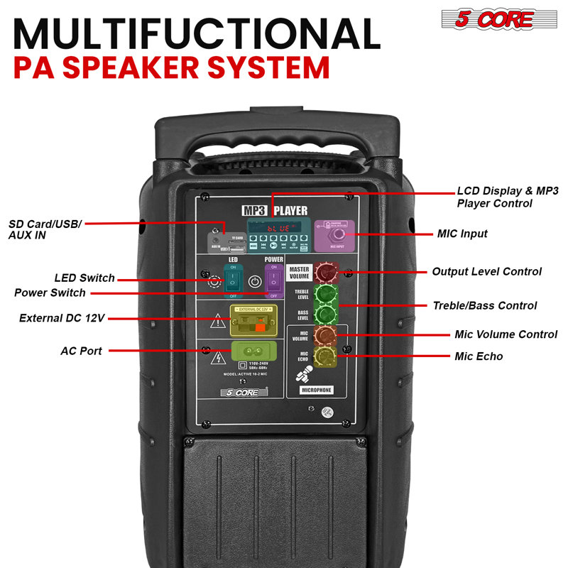 5 haut-parleurs de fête avec microphone et système de karaoké à haut-parleur bluetooth rechargeable 400W