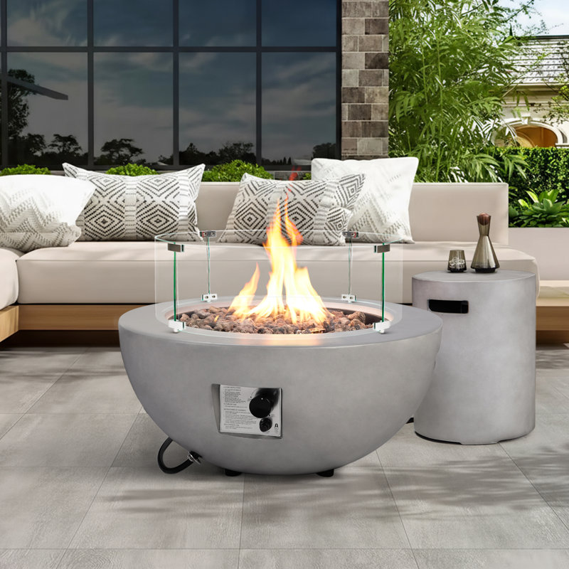 31.5-inch Round Concrete Propane Fire Pit Table,50,000 BTU,Includes Lid,Glass Wind Guard,and Lava Rocks,CSA Certified,for Patio,Deck,or Backyard