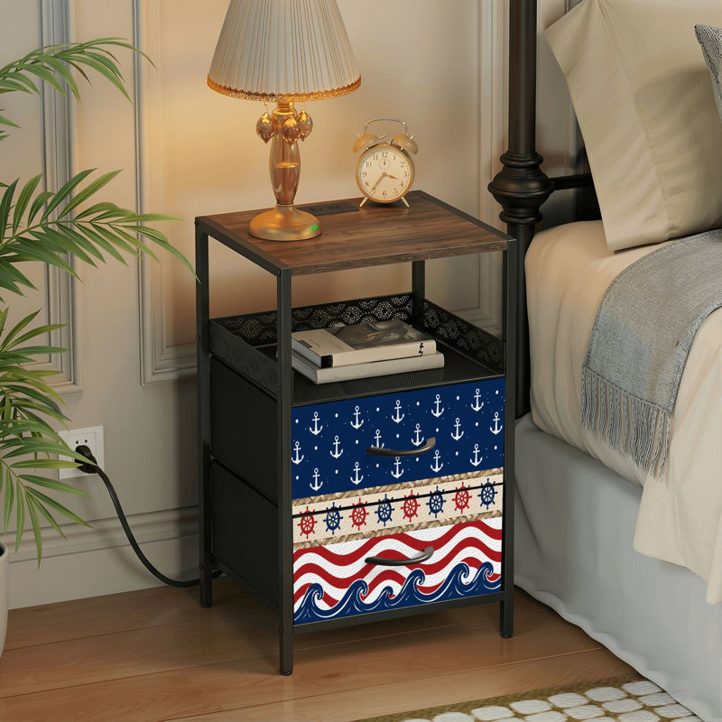 Table de chevet 2 tiroirs avec station de charge, table de chevet pour chambre à coucher avec ports USB, tablette ouverte noire, table de chevet avec ancres à thème nautique