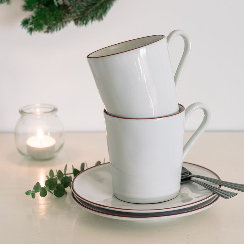 Beja Handmade Stoneware Coffee Mug, White/Red