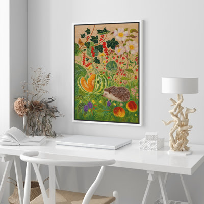 Hedgehog in Colorful Garden Framed Canvas Wall Art - Whimsical Animal Illustration for Nursery or Kitchen - Playful Nature Decor