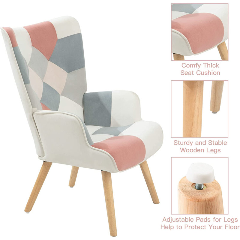 Bohemian Style Accent Chair With Ottoman Set, Patchwork Linen Fabric,330Lbs Capacity, Pink 100% Linen