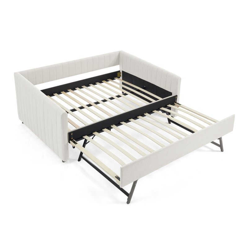 Lit de jour double avec canapé-lit tapissier, avec rayures verticales, tissu en lin, beige (82,5 po x 58 po x 30 po), Beige