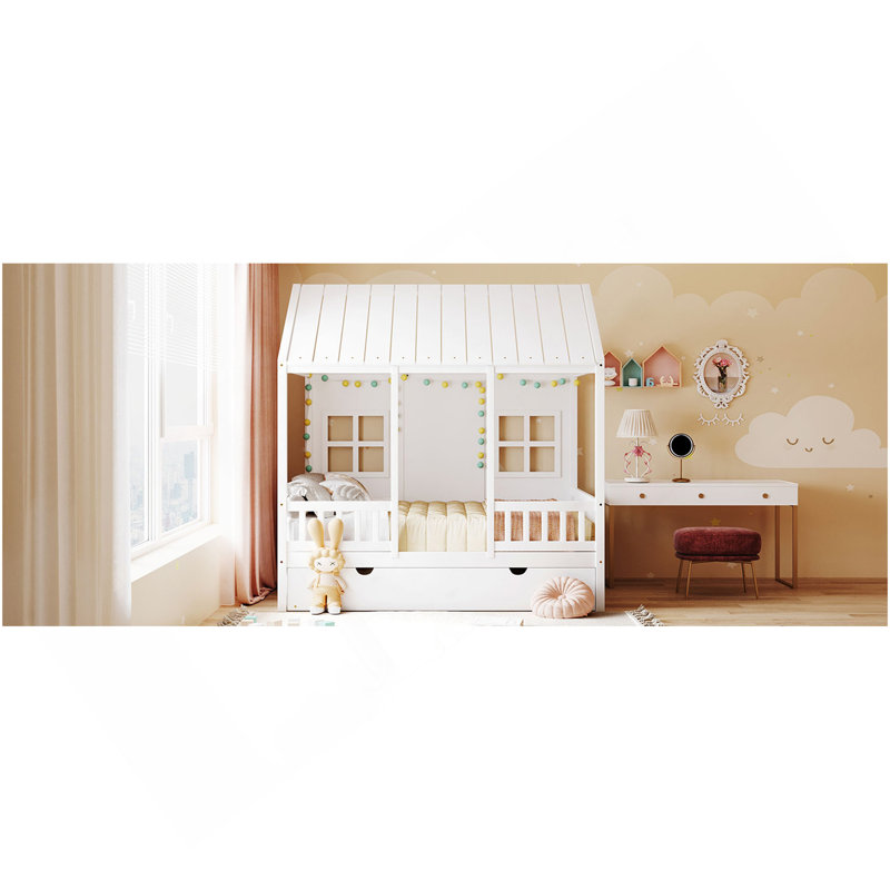 Lit double en bois avec lit gigogne simple, lit de jour en bois, blanc
