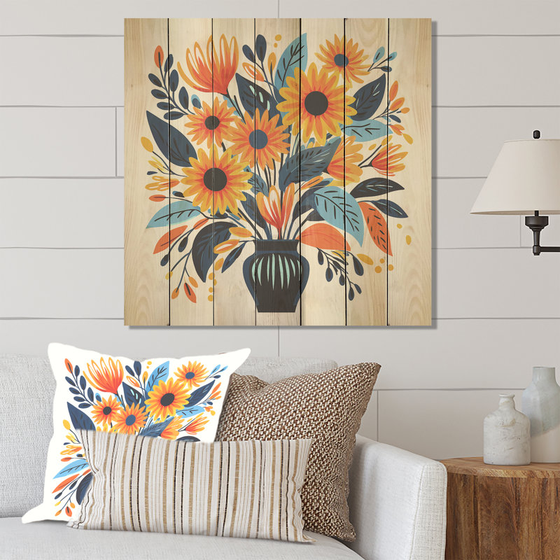Yellow Boho Sunflower Bouquet Elegance II - Sunflower On Wood Print, 15" H x 15" W