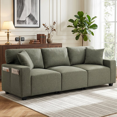 Canapé 3 places, petit canapé avec ressorts ensachés, coussins, vert