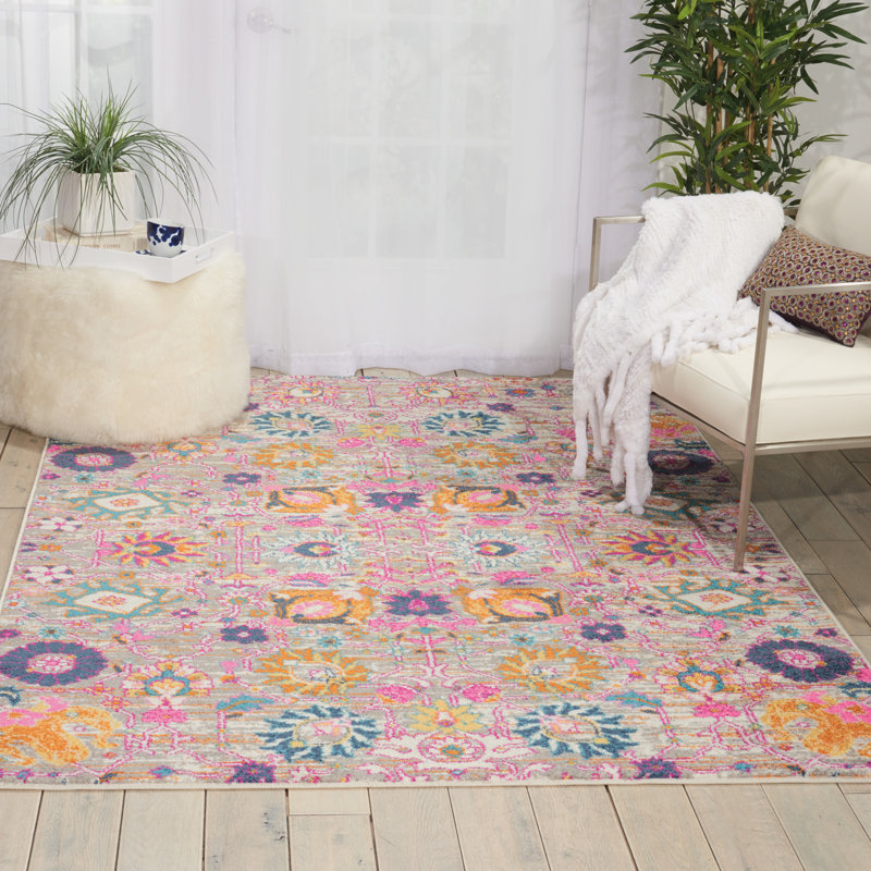 Tapis argenté / orange / rose Justien, Rectangle 5 pi 3 po x 7 pi 3 po