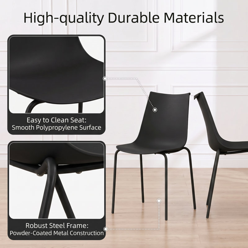 Plastic Stackable Dining Chair with Metal Legs, Black