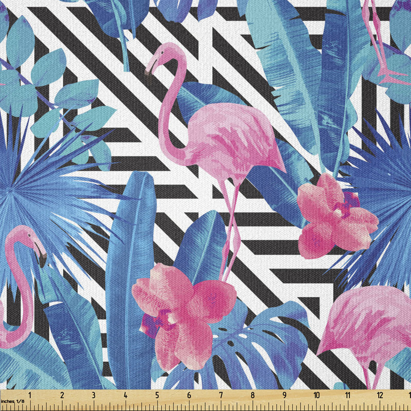 Derae Tropic Pink Flamingos and Orchid with Blue Floral Plant Jungle Palm Multi-Purpose Fabric