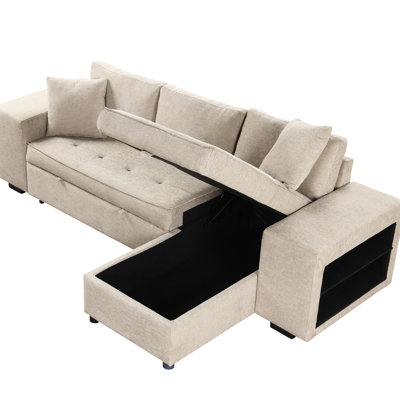 104.5" Reversible L-Shape Bed With Storage Chaise And 2 Stools, Gray Living Room Furniture Sectional Couch