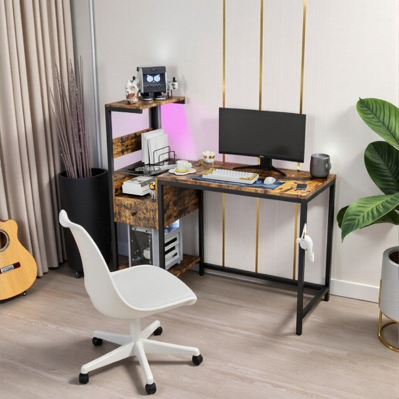 Multifunctional Gaming Computer Desk with LED Lights & Charging Ports Study Writing Table with USB Ports Charging Station, PC Desk Workstation