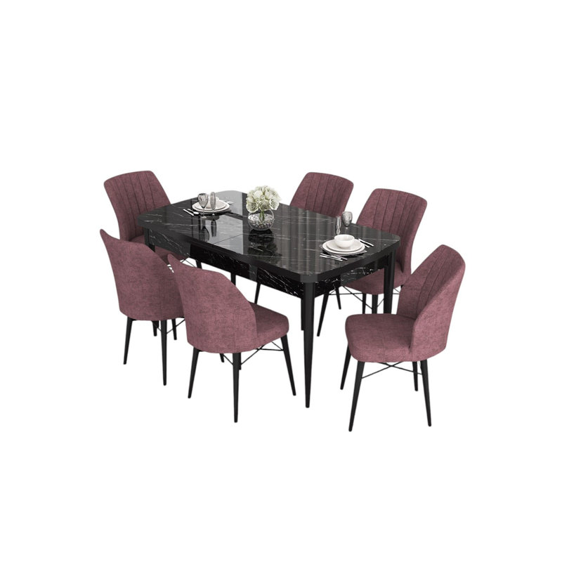 Ensemble de table et chaises de salle à manger moderne extensible (7 pièces), marbre noir et rose cendré | 100% panneau de fibres à densité moyenne avec pieds en bois et structure en métal | Table: 52,0 x 31,0 x 30,7 pouces (Ouvert: 67,0 x 31,0 x 30,7 pouces) | Confortable dossier 22 en mousse et siège 28 en mousse