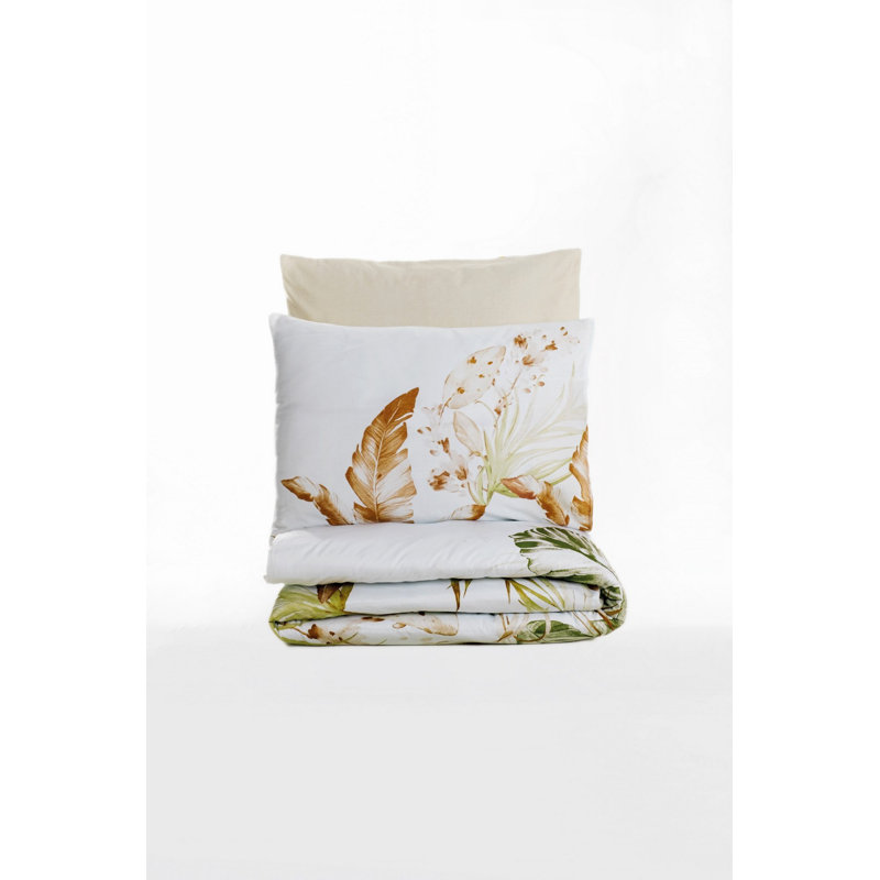 Luxurious Satin Super King Quilt Cover Set, 100% Cotton, Beige & White & Green | Duvet Cover: 102.4 x 86.6 inches, 2 Pillowcases: 23.6 x 23.6 inches | Reactive Printing, Machine Washable, Elegant Design with Button Closure