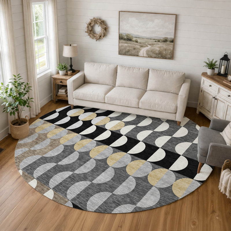 Tapis géométrique intérieur / extérieur lavable à la machine Chantille ACN2816, Rond 8 pi, Noir