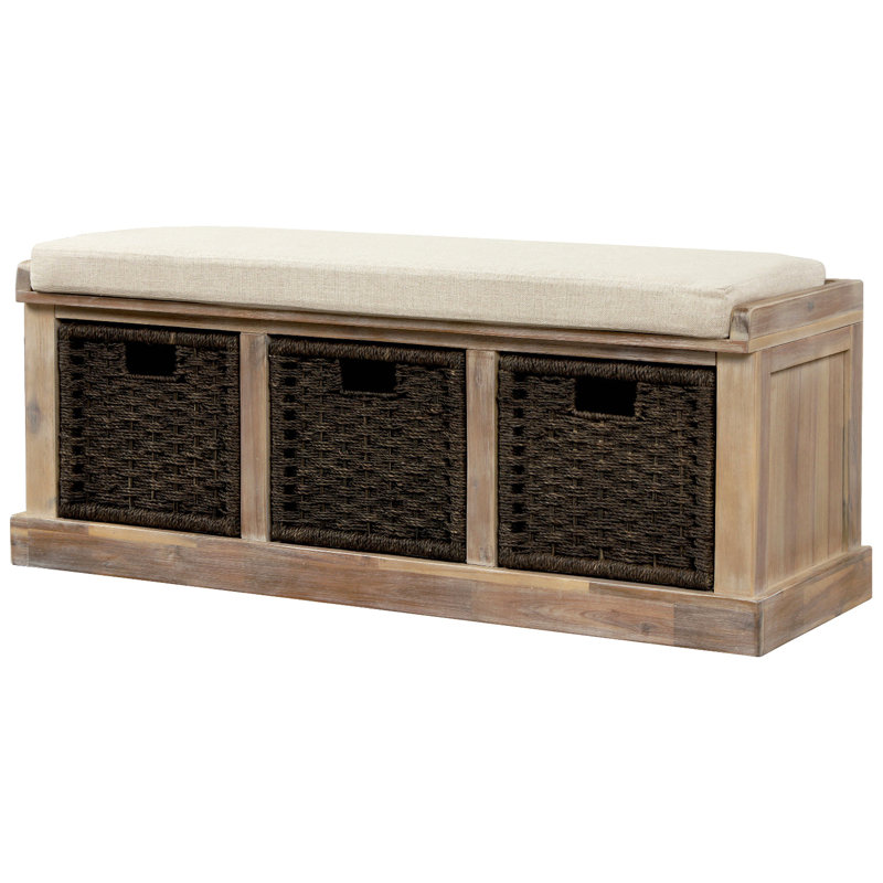 Rustic Storage Bench With 3 Removable Classic Rattan Basket , Entryway Bench With Removable Cushion, White Washed