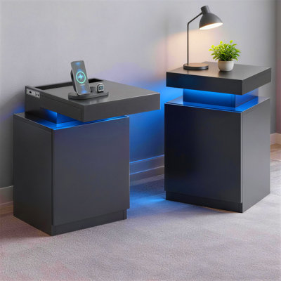 2Pcs LED Nightstands with Sliding Top & Power Outlets, Modern End Side Table